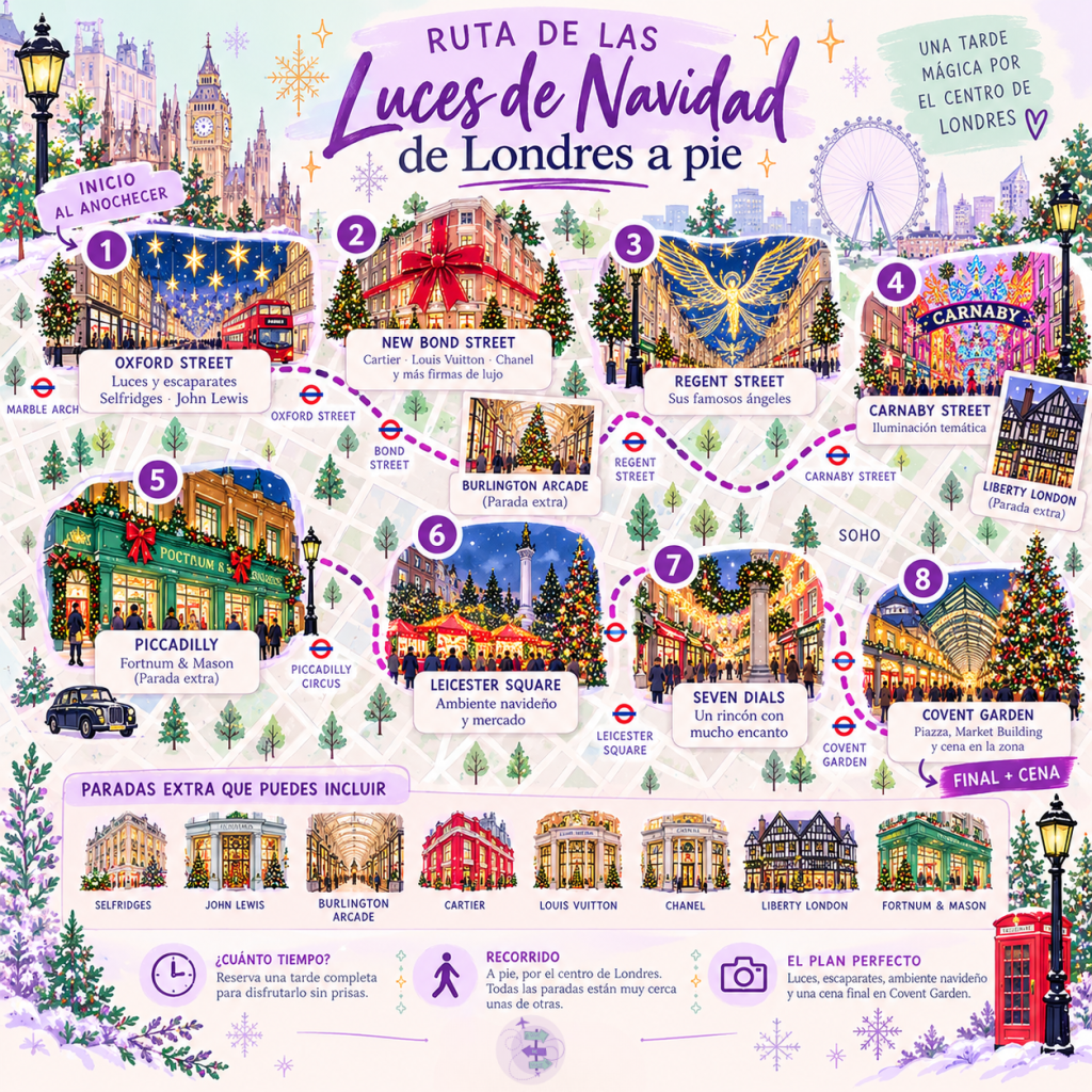 Ruta a pie para ver las luces de Navidad de Londres desde Oxford Street hasta Covent Garden