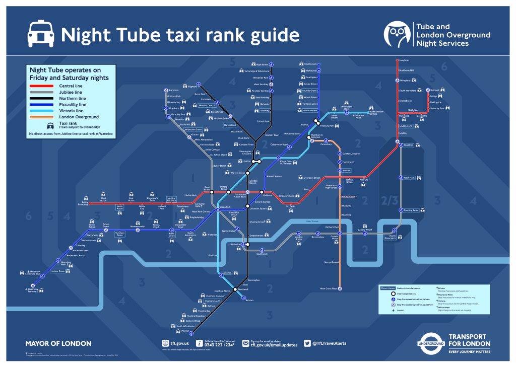 Plano de las líneas con horario nocturno del metro de Londres para viernes y sábados